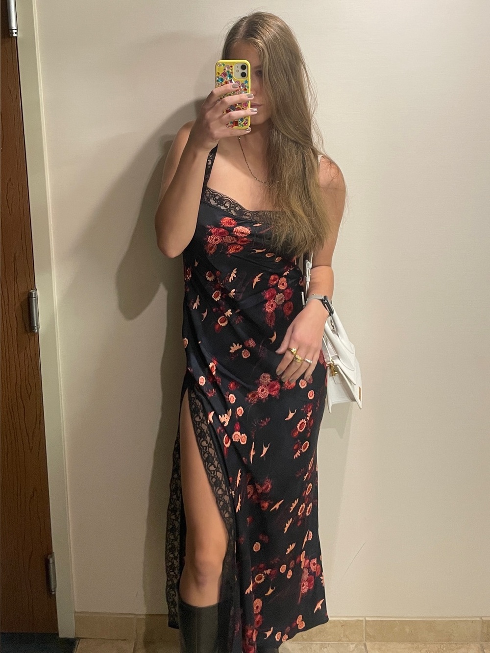Anthropologie Navy Pink Floral Lace Satin Dress with Slit